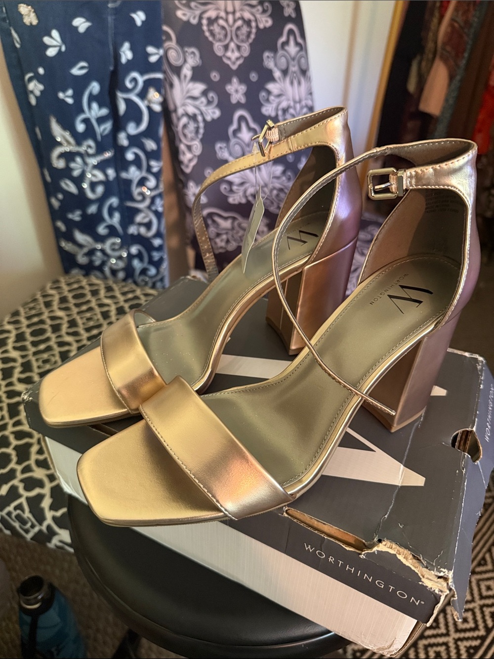 Worthington Metallic Rose Gold Block Heel Ankle-Strap Sandals - Picture 1 of 6
